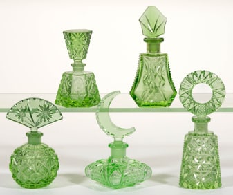 ASSORTED CZECHOSLOVAKIAN AND OTHER CUT AND PRESSED PERFUME BOTTLES, LOT OF FIVE