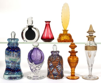 ASSORTED STUDIO ART GLASS AND PRESSED GLASS PERFUME BOTTLES, LOT OF EIGHT