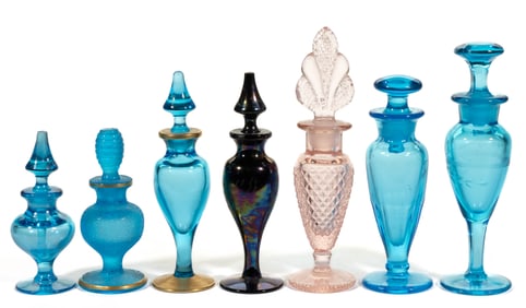ASSORTED DEPRESSION-ERA PRESSED GLASS PERFUME BOTTLES, LOT OF SEVEN