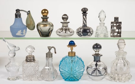 ASSORTED GLASS AND CERAMIC ATOMIZERS AND PERFUME BOTTLES, LOT OF 12
