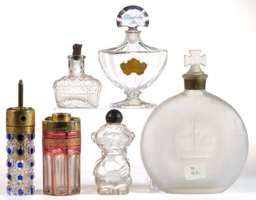 ASSORTED GLASS PERFUME BOTTLES / ATOMIZERS, LOT OF SIX