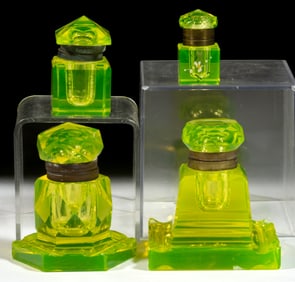 VICTORIAN CUT / POLISHED VASELINE GLASS INKWELLS, LOT OF FOUR