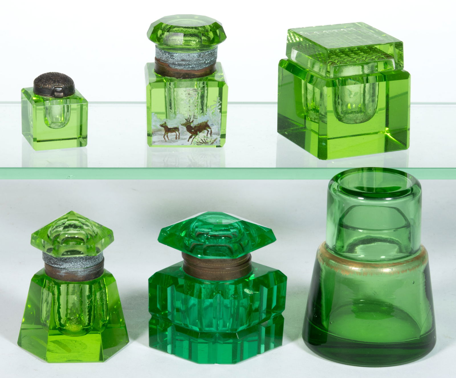 VICTORIAN CUT / POLISHED GLASS INKWELLS, LOT OF SIX (1 of 1)