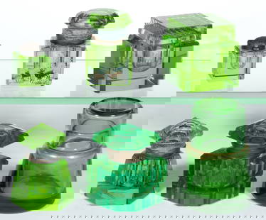 VICTORIAN CUT / POLISHED GLASS INKWELLS, LOT OF SIX: VICTORIAN CUT / POLISHED GLASS INKWELLS, LOT OF SIX, apple and other greens (one reacts under black light), comprising hexagonal, square, circular, and lozenge-shaped examples, four with a hinged lid