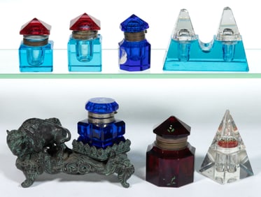 VICTORIAN CUT / POLISHED GLASS INKWELLS, LOT OF SEVEN