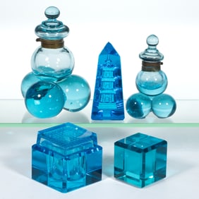 VICTORIAN CUT / POLISHED AND OTHER GLASS INKWELLS AND PAPERWEIGHTS, LOT OF FIVE