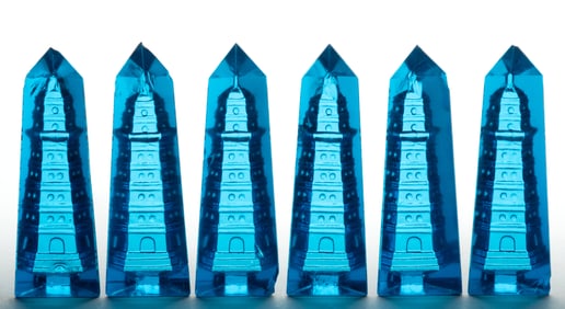VICTORIAN PRESSED AND POLISHED DESK OBELISK PAPERWEIGHTS, LOT OF SIX