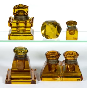 VICTORIAN CUT / POLISHED GLASS INKWELLS AND PAPERWEIGHTS, LOT OF FIVE