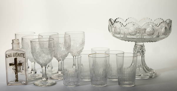 ASSORTED CUT AND PRESSED GLASS ARTICLES, LOT OF 14: ASSORTED CUT AND PRESSED GLASS ARTICLES, LOT OF 14, colorless, comprising a set of six prism-cut water tumblers, a set of six Bleeding Heart EAPG goblets, a Manhattan EAPG open compote, and a French h
