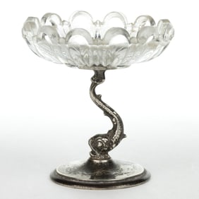 POLISHED PRESSED GLASS AND STERLING SILVER PEDESTAL OPEN SALT