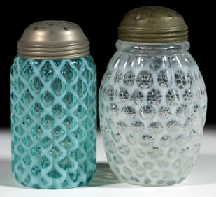 OPALESCENT GLASS SUGAR SHAKERS, LOT OF TWO