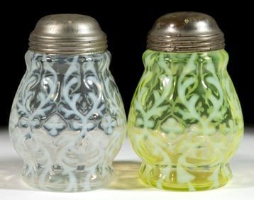 OPALINE BROCADE / SPANISH LACE SUGAR SHAKERS, LOT OF TWO