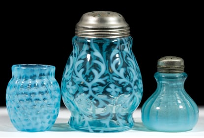 VICTORIAN OPALESCENT CONDIMENT ARTICLES, LOT OF THREE