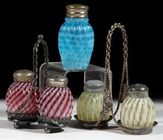 ASSORTED VICTORIAN OPALESCENT SWIRL PATTERN GLASS SALT / PEPPER SHAKERS AND SETS, LOT OF THREE