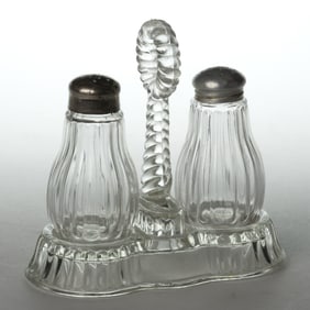 ROYAL GLASS WORKS NO. 102 (OMN) COLORLESS PRESSED GLASS BULBOUS RIBBED CONDIMENT SET