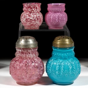 NORTHWOOD NO. 263 / LEAF UMBRELLA SUGAR SHAKERS AND TOOTHPICK HOLDERS, LOT OF FOUR