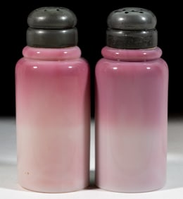 NEW ENGLAND PEACH BLOW CREASED NECK PAIR OF SALT AND PEPPER SHAKERS