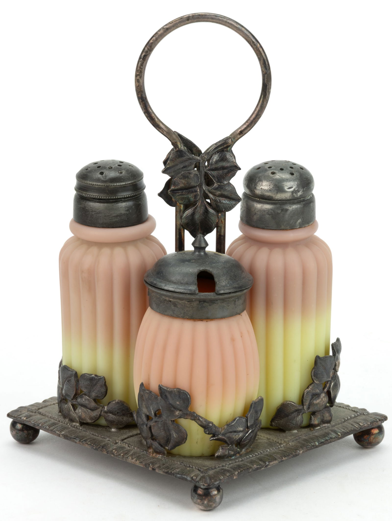 MT. WASHINGTON RIBBED (OMN) BURMESE THREE-PIECE CONDIMENT SET IN STAND (1 of 1)