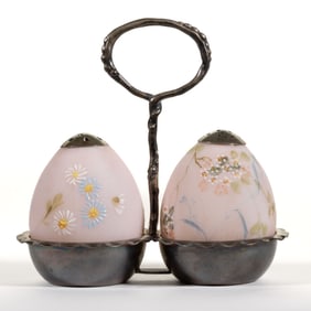 MT. WASHINGTON DECORATED OPAL OSTRICH EGG SALT AND PEPPER SHAKERS, PAIR IN STAND