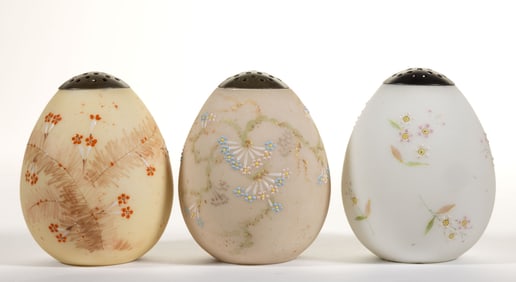 MT. WASHINGTON DECORATED OSTRICH EGG SUGAR SHAKERS, LOT OF THREE