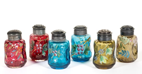 MT. WASHINGTON PINCHED SIDES ENAMEL DECORATED GLASS SALT AND PEPPER SHAKERS, LOT OF SIX