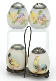 MT. WASHINGTON DECORATED OPAL EGG FORM SALT AND PEPPER SHAKERS, LOT OF TWO PAIRS