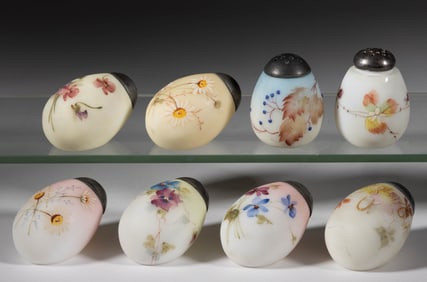 MT. WASHINGTON DECORATED OPAL EGG FORM SALT AND PEPPER SHAKERS, LOT OF EIGHT