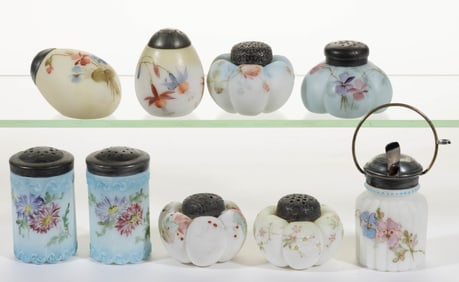 MT. WASHINGTON SALT AND PEPPER SHAKERS AND MUSTARD, LOT OF NINE