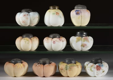 MT. WASHINGTON TOMATO / LOBED ENAMEL-DECORATED ART GLASS SALT AND PEPPER SHAKERS, LOT OF TEN