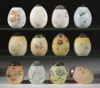 MT. WASHINGTON ENAMEL-DECORATED EGG FORM SALT AND PEPPER SHAKERS, LOT OF 12