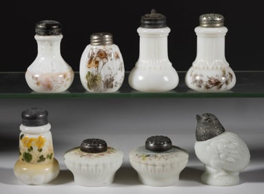 WAVE CREST AND OTHER DECORATED OPAL ART GLASS SALT AND PEPPER SHAKERS, LOT OF EIGHT