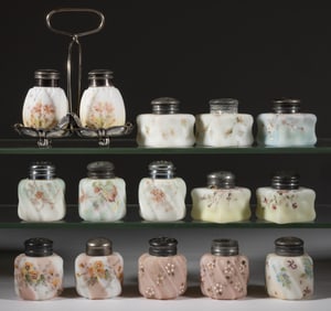 WAVE CREST DECORATED ART GLASS SALT AND PEPPER SHAKERS, LOT OF 14
