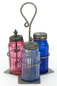 BLOWN-MOLDED TEN-PANEL CHRISTMAS THREE-BOTTLE CONDIMENT SET