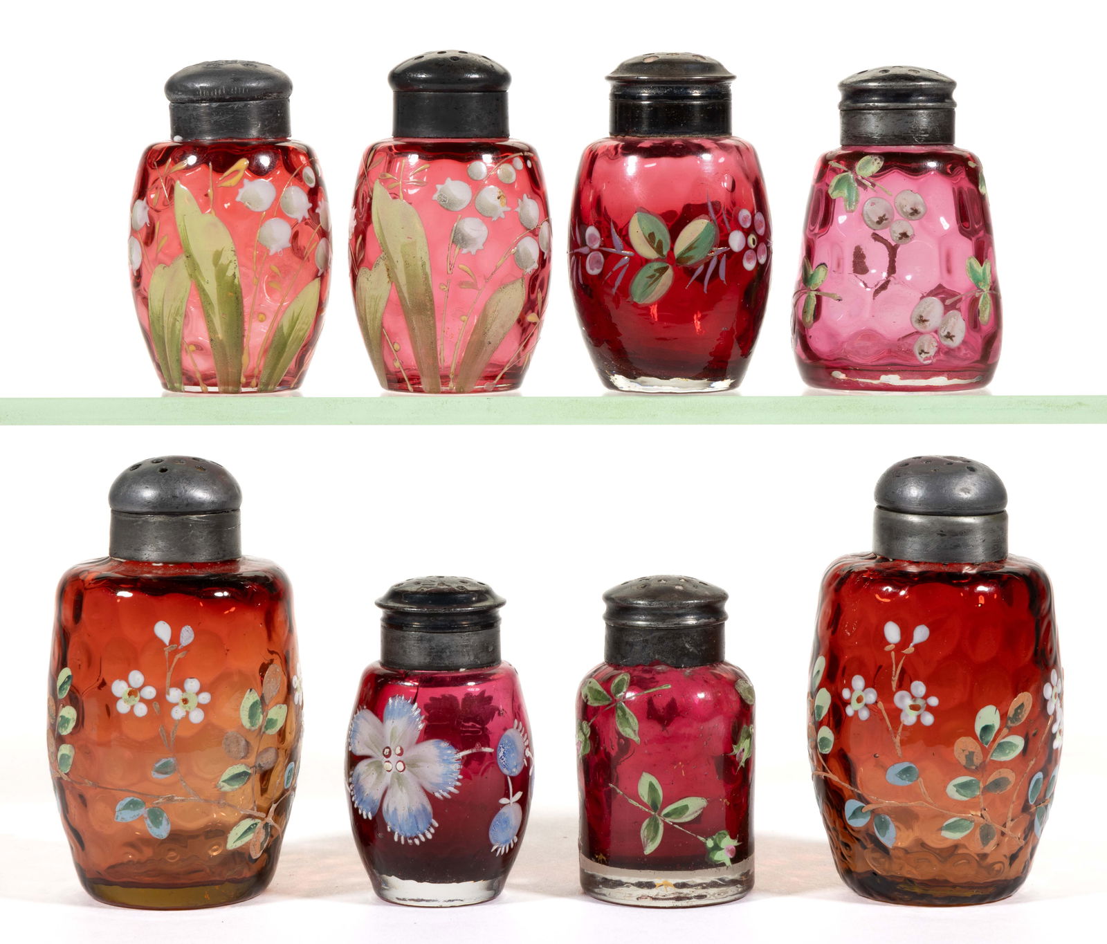 ASSORTED VICTORIAN HONEYCOMB-OPTIC GLASS SALT AND PEPPER SHAKERS, LOT OF EIGHT (1 of 1)