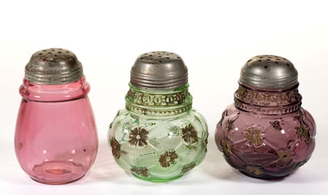 ASSORTED VICTORIAN GLASS SUGAR SHAKERS, LOT OF THREE