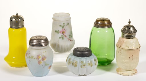 ASSORTED GLASS SUGAR SHAKERS, LOT OF SIX