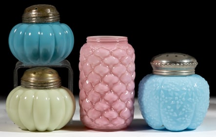 ASSORTED OPAQUE GLASS SUGAR SHAKERS, LOT OF FOUR