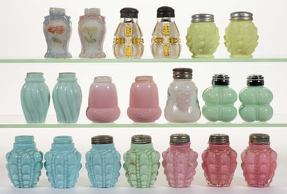 ASSORTED VICTORIAN GLASS SALT AND PEPPER SHAKERS, LOT OF 20