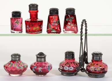 VICTORIAN DECORATED CRANBERRY SALT AND PEPPER SHAKERS, LOT OF SEVEN