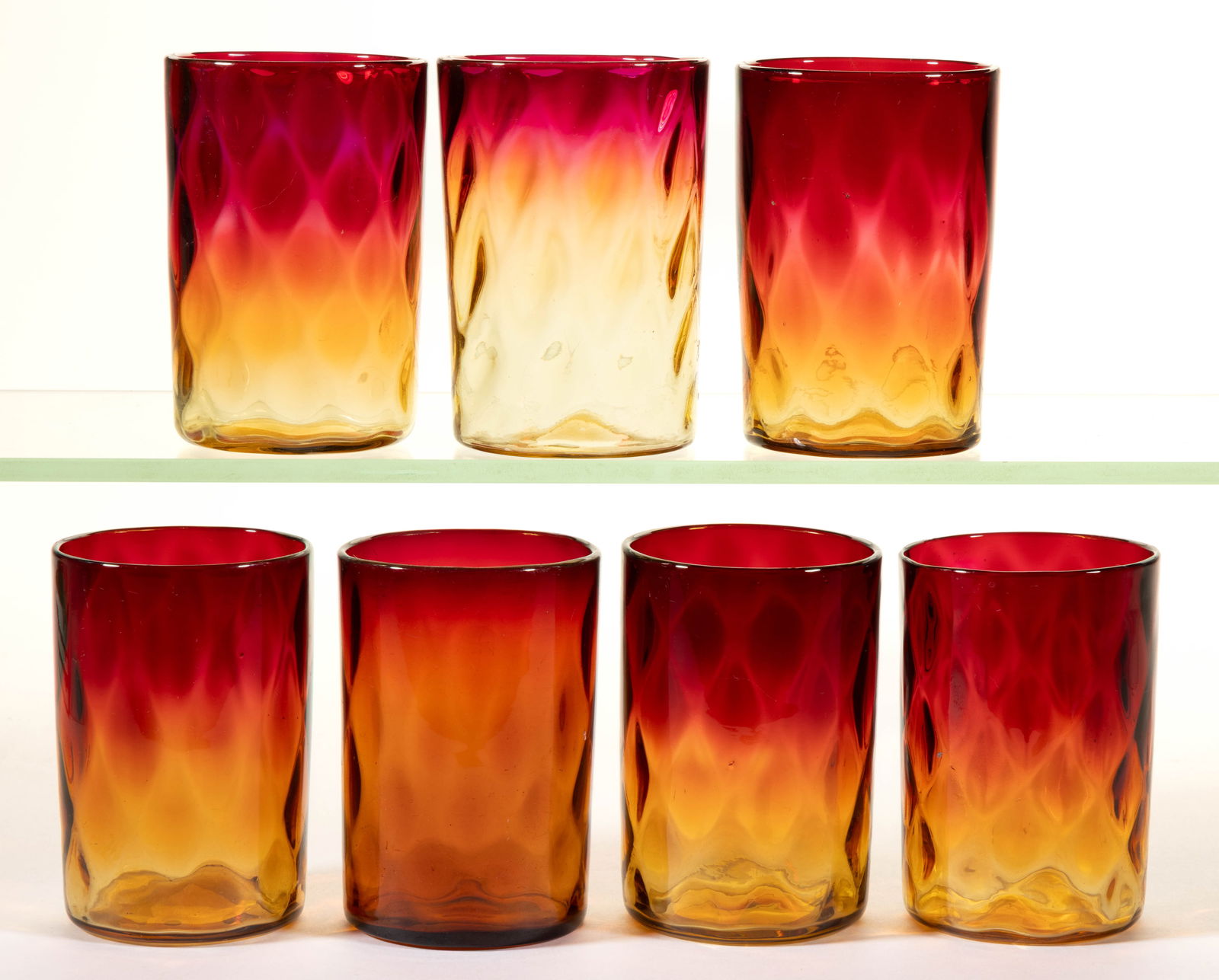 VICTORIAN AMBERINA DIAMOND-OPTIC TUMBLERS, LOT OF SEVEN (1 of 1)