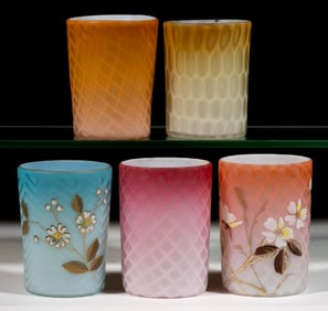 ASSORTED VICTORIAN AIR-TRAP MOTHER-OF-PEARL SATIN GLASS TUMBLERS, LOT OF FIVE