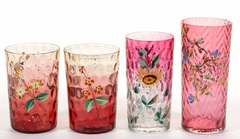 ASSORTED VICTORIAN ENAMEL-DECORATED OPTIC TUMBLERS, LOT OF FOUR