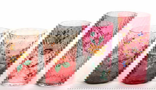 ASSORTED VICTORIAN ENAMEL-DECORATED OPTIC TUMBLERS, LOT OF FOUR: ASSORTED VICTORIAN ENAMEL-DECORATED OPTIC TUMBLERS, LOT OF FOUR, comprising a cranberry Herringbone, a cranberry-to-colorless Spot-Optic, and two rubina Spot-Optic, each with floral enamel decoration.