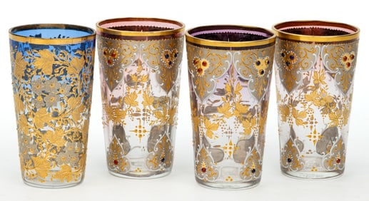 MOSER GILT AND ENAMEL-DECORATED JUICE GLASSES / TUMBLERS, LOT OF FOUR