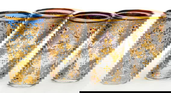 MOSER GILT AND ENAMEL-DECORATED JUICE GLASSES / TUMBLERS, LOT OF FOUR: MOSER GILT AND ENAMEL-DECORATED JUICE GLASSES / TUMBLERS, LOT OF FOUR, colorless with shaded rims and extensive gilt- and silver-enameled floral and vine decoration, comprising a matching set of three