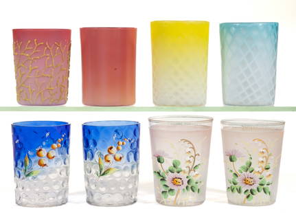 ASSORTED VICTORIAN GLASS TUMBLERS, LOT OF EIGHT: ASSORTED VICTORIAN GLASS TUMBLERS, LOT OF EIGHT, comprising two blue to colorless Spot-Optics with polychrome-enamel floral decoration, one shaded blue and one shaded yellow satin Diamond-Quilted air-