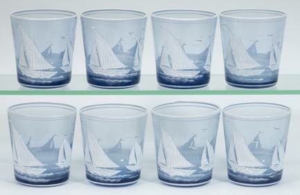 VINTAGE SAILBOAT ENAMEL-DECORATED TUMBLERS, SET OF EIGHT