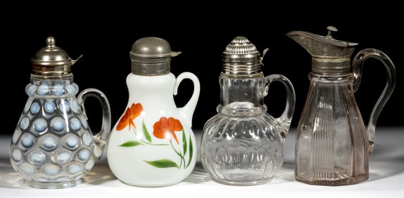 ASSORTED PATTERNED SYRUP PITCHERS, LOT OF FOUR