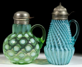 ASSORTED OPALESCENT GLASS SYRUP PITCHERS, LOT OF TWO