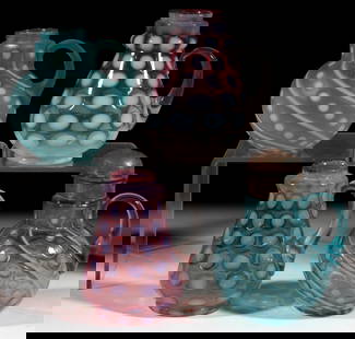 ASSORTED COINSPOT OPALESCENT SYRUPS, LOT OF FOUR: ASSORTED COINSPOT OPALESCENT SYRUPS, LOT OF FOUR, comprising two Coinspot examples, a rubina opalescent Ring-Neck and a cranberry opalescent tapered form, with two blue opalescent Coinspot and Swirl g